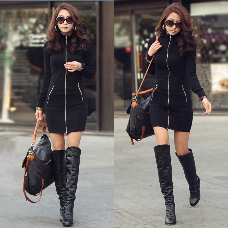 Sexy Casual Women Autumn And Winter One Piece Black Slim Zipper Up Long Sleeve Bodycon Mini Dress From Gldzkj 13 7 Dhgate Com