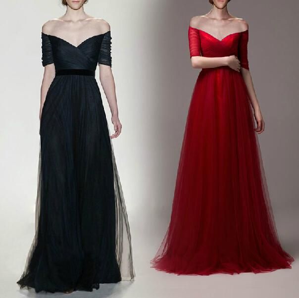 2015 Prom Dresses Black Red A Line Off Shoulder Lace Up 1/2 Sleeve Black Dresses Tulle Party 