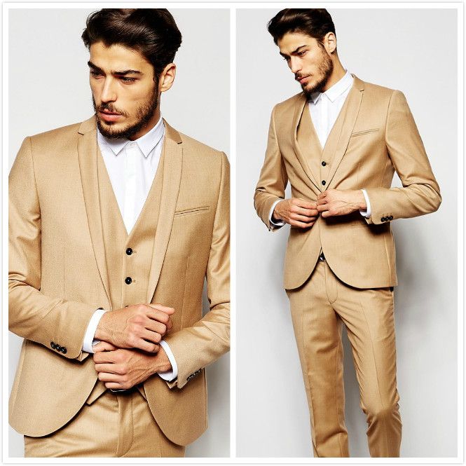 Slim Fit Herrenanzug Mit Weste – Beige, 3-teilig, Smoking-Look, Hochzeit & Bühne