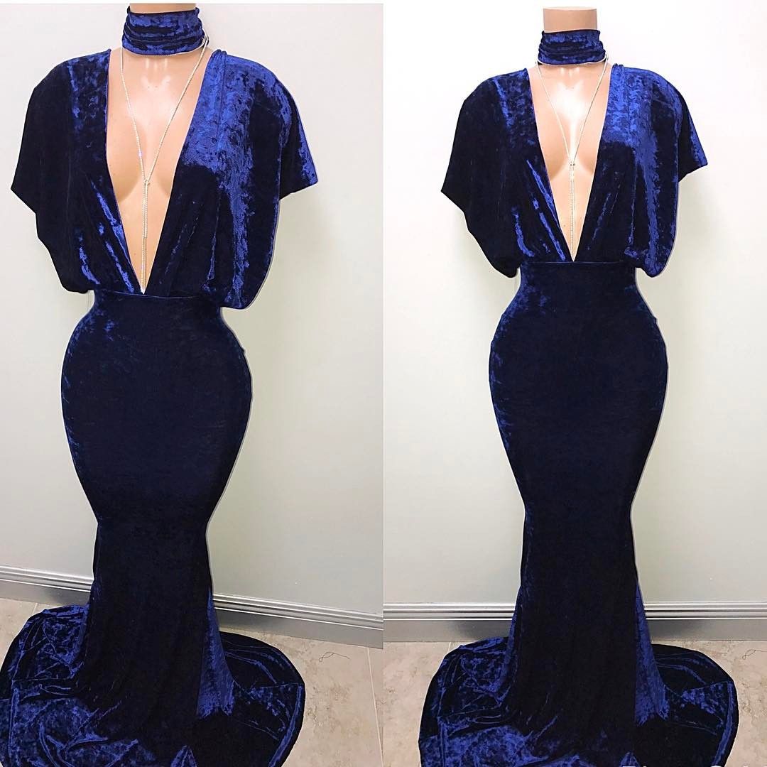 Beautiful Royal Blue Mermaid Prom Dresses Deep V Neck Beat Sleeves