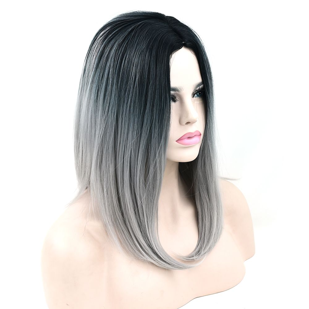 Hanzi Beauty Synthetic Hair Black To Gray Purple Ombre Hair Short Bob Wigs For Women Straight Hair Headwear Cosplay Wig 16inches Pigtail Wig Cheap