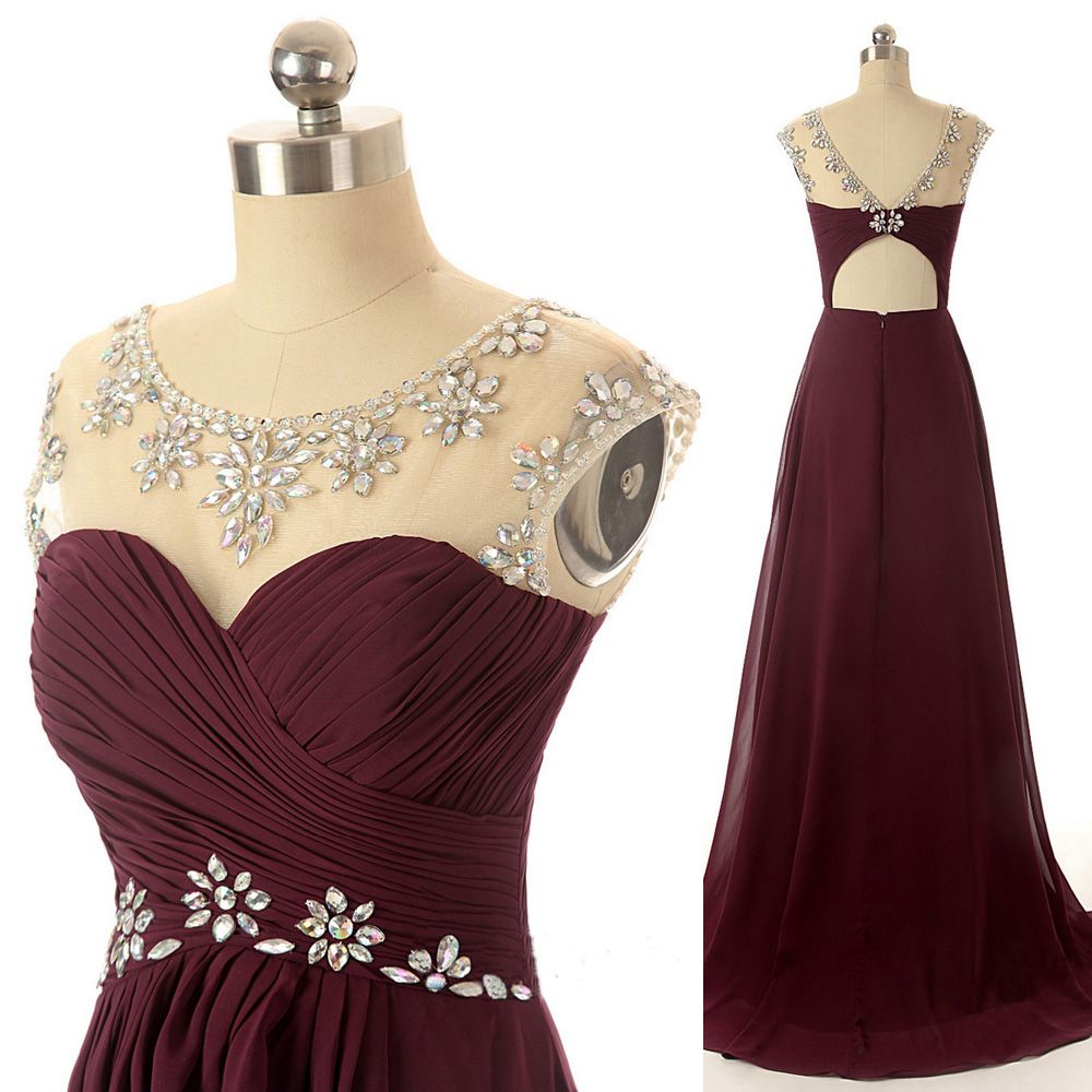 Maroon Long Prom Dresses Scoop Chiffon Ilussion Neckline Real Picture