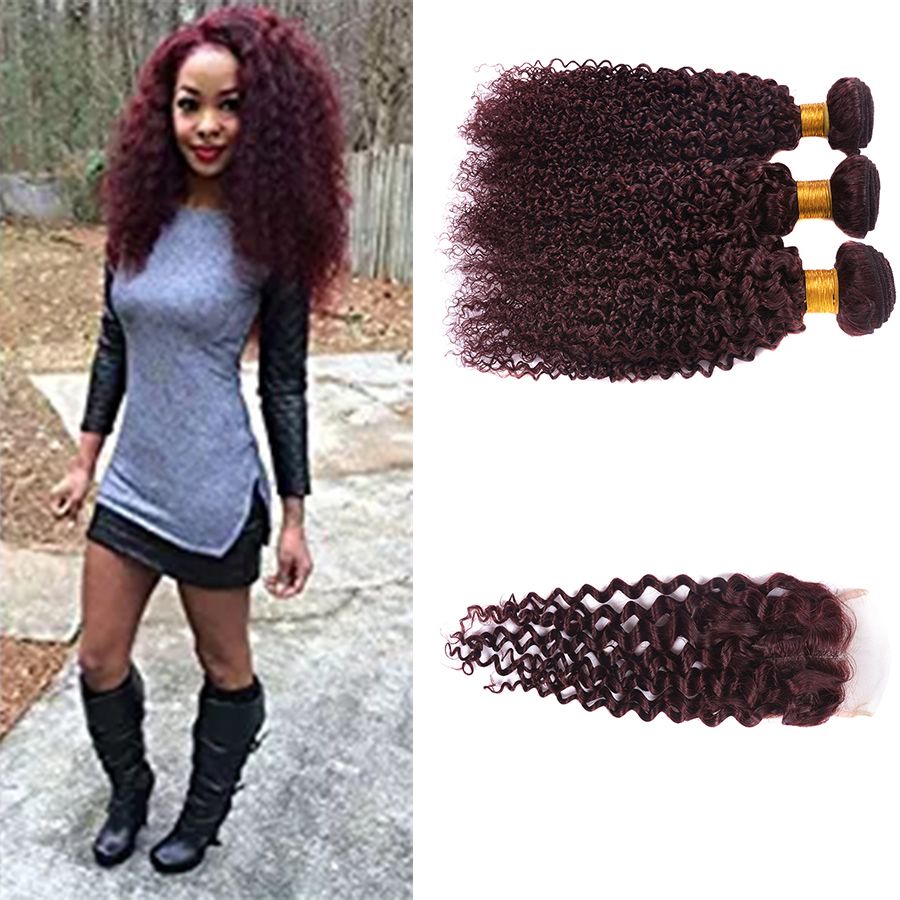 2019 Ombre 99j Curly Wave Hair Bundles With Lace Closure Human