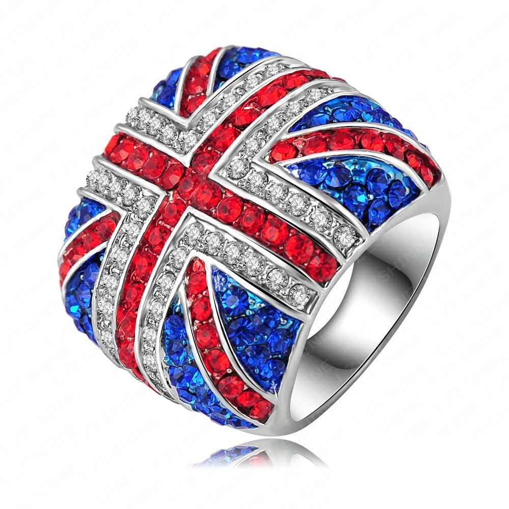 Fashion New Union Jack Rings Platinum Plated Austrian Crystal SWA