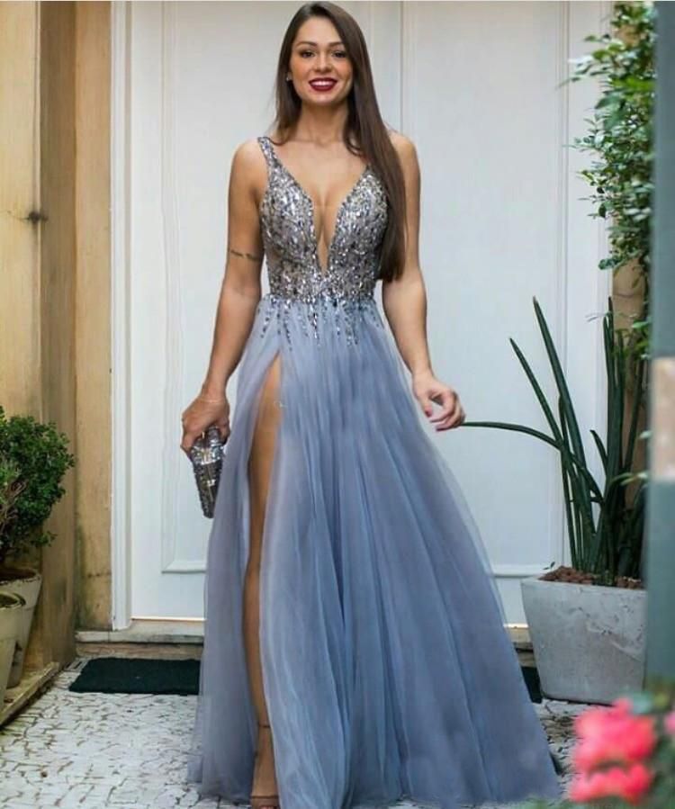 Compra Sexy Bead Lentejuelas Cristales Vestido De Noche Sexy Formal Largo  Una Línea Profunda Con Cuello En V Lado Split Tulle Backless Party Vestidos  De Baile Vestidos Fiesta Barato | Entrega Rápida