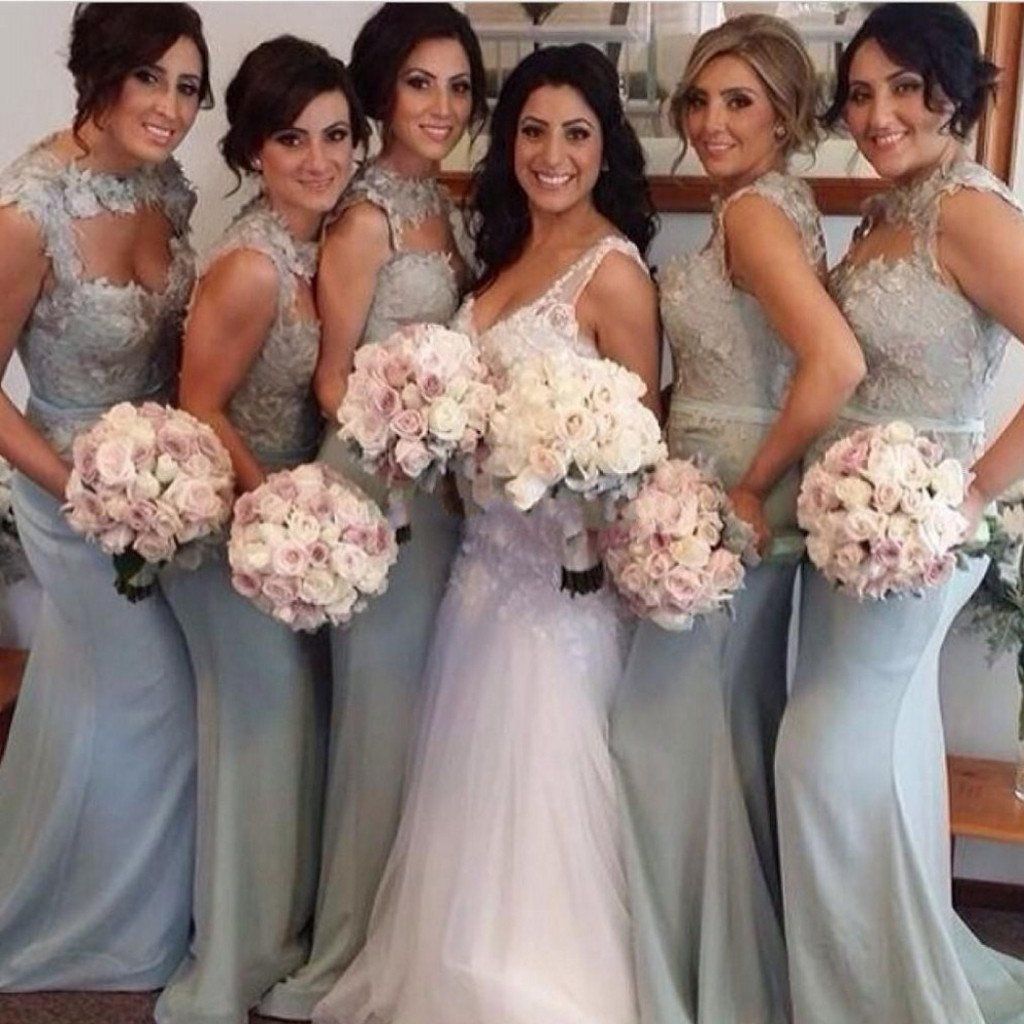blue and gray bridesmaid dresses