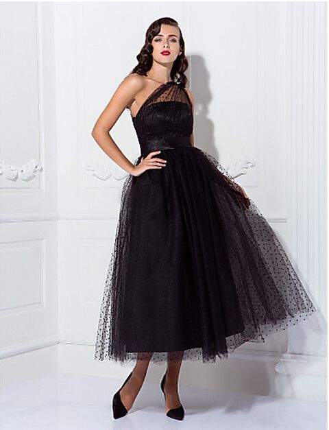 one shoulder tea length dresses