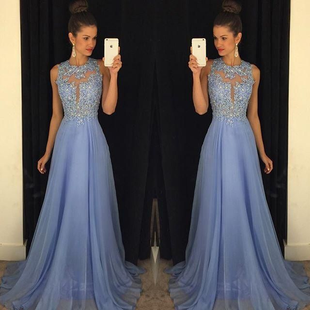 Lace Applique Beads Crystal Formal Long Bridesmaid Dresses A Line Crew Neck Zip Back Chiffon Party Evening Gowns, Long Prom Dresses, PD0464