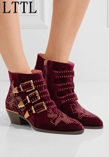 Mode Frau Susanna Schnallen Low Von Vintage Zip Promi Stiefeletten Großhandel Studded Frauen Reiten Booties Diamondshoes Nieten Velvet Schuhe Heel wTlOXPZuki
