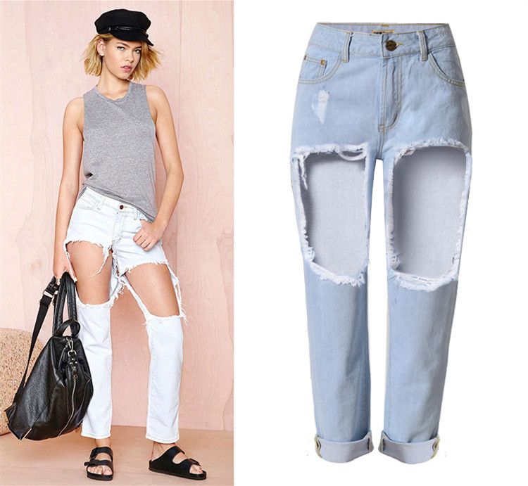 2021 Big Holes In Thighs Loose Straight Boyfriend Jeans Midnight High
