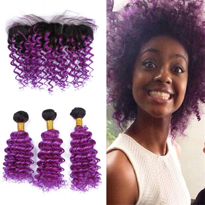 2019 Dark Roots 1b Purple Deep Wave Ombre Hair Bundles With Lace