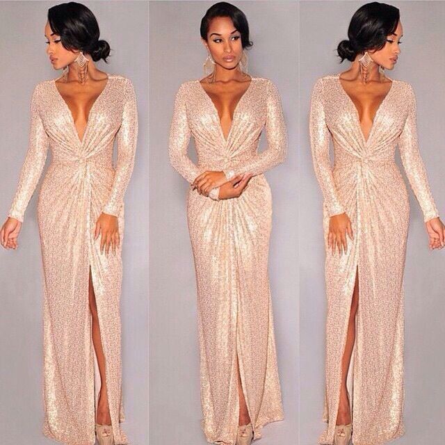 2019 New Rose Gold Long Sleeve Sequins Deep V Neck Slit Prom Dresses Cheap Custom Make Full Length Special Occasion Gown Prom Dresses 2011 Prom