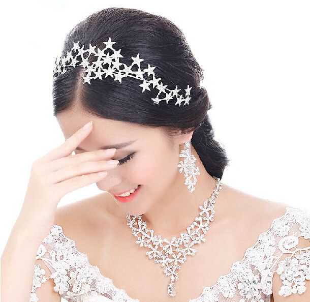 Silver Rhinestone Encrusted Crystal Flower Bridal Tiara Necklace Jewelry Set 