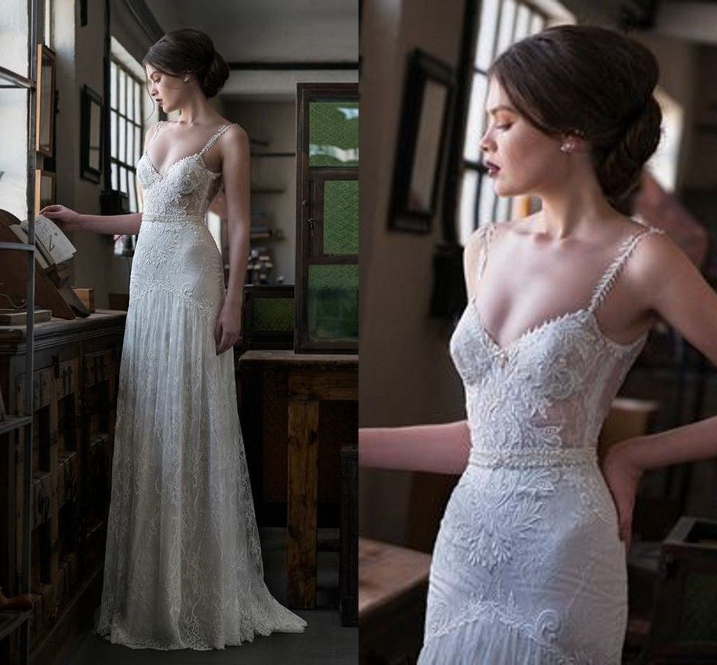 Gali Jardín Vestidos de boda civiles 2018 Couture Spaghetti Lace Elegante de completa Vestido de novia Vintage 1920s