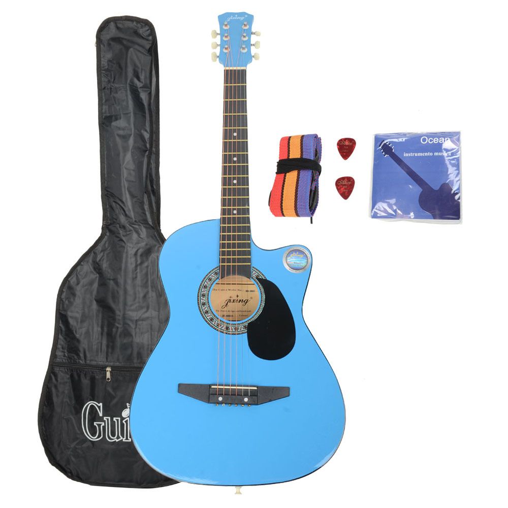 EEUU Stock Envío Gratis 38 Cutaway guitarra acústica azul con el bolso de la correa de recogida de instrumentos musicales US-17002122