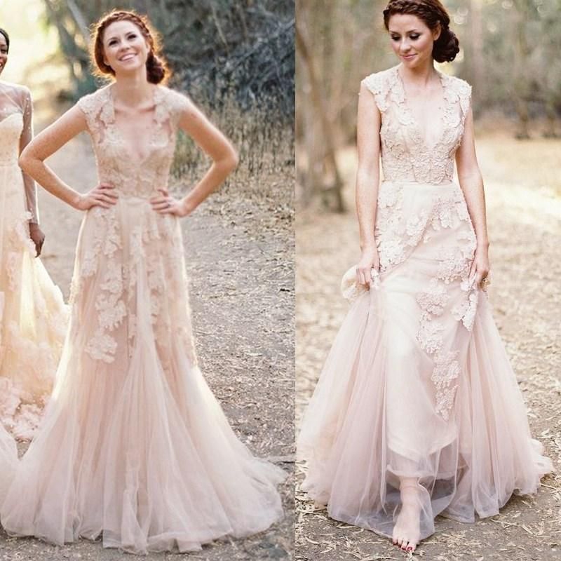 blush fit and flare wedding dress