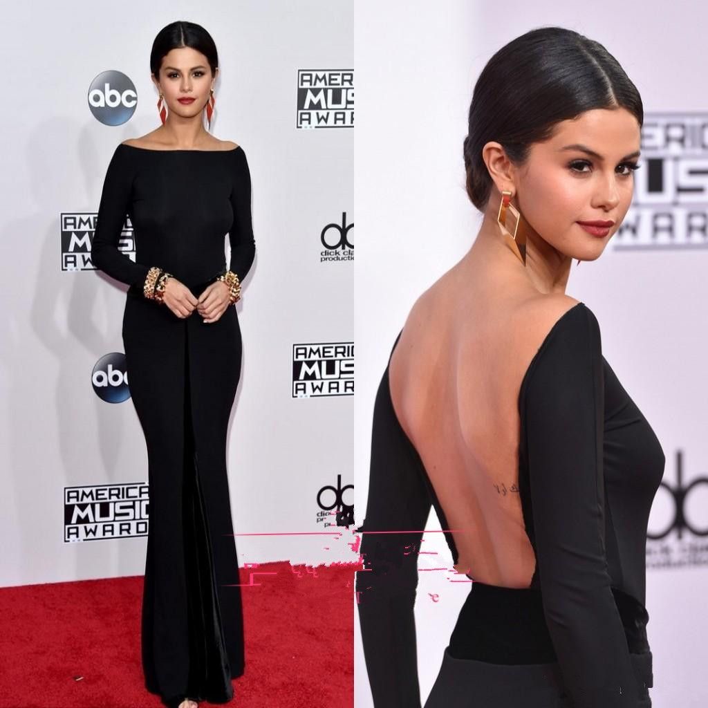 Negro vestidos de noche Selena Gómez atractivas de la envoltura del hombro  de manga larga vestidos