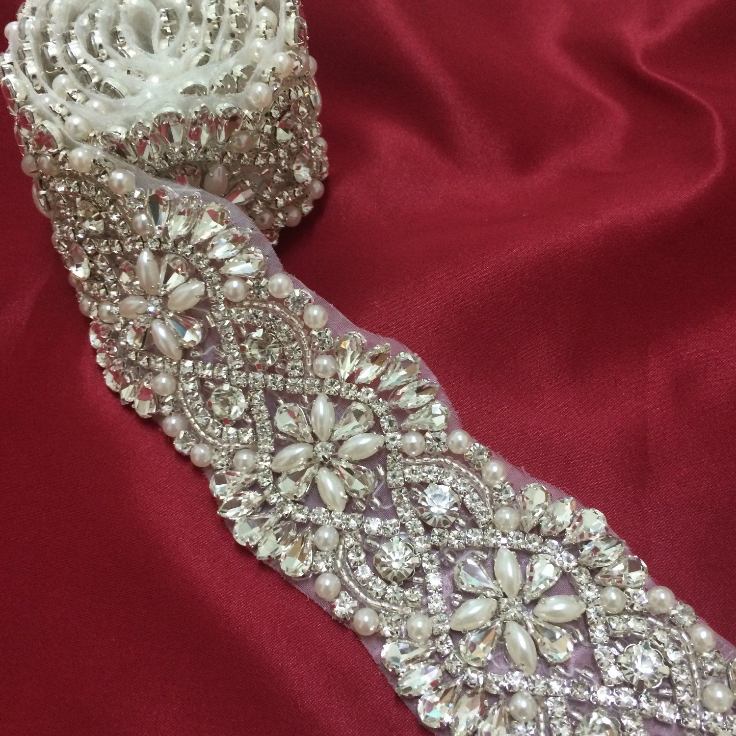Pearl And Rhinestone Bead Trim, Bridal Sash Belt, Crystal Bead Trim
