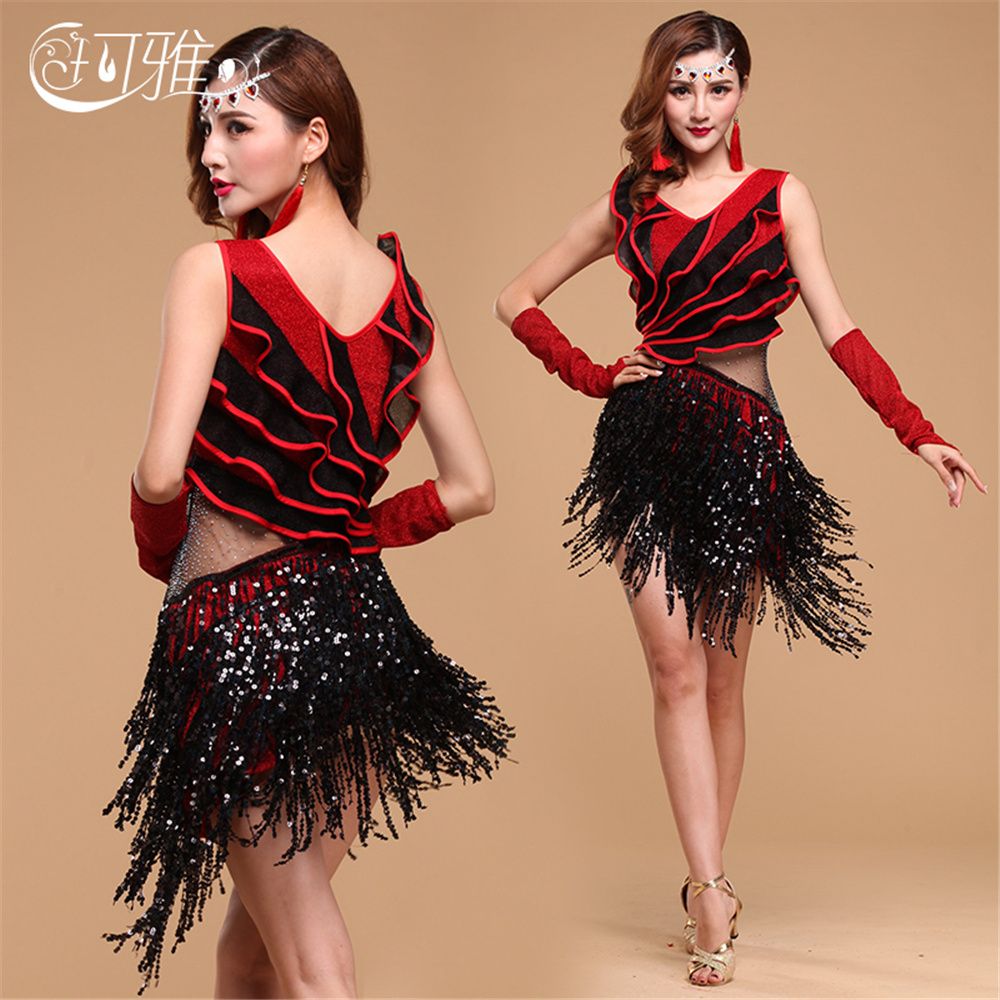 Tassel Sequin Ballroom Latin Salsa Dance Dresses Costume Womens Dancing M L XL