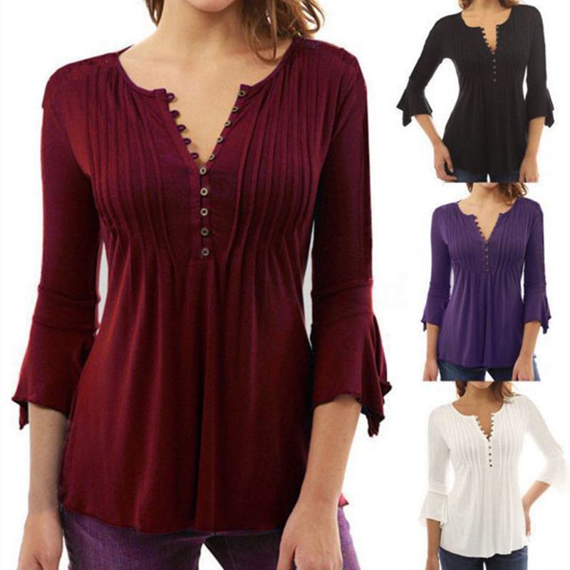 Compra Camisa Impresa Casual De Cuello En V Femenino Camisa De Mujer Blusa  De Gasa 2018 Mujer De Moda De Otoño 3/4 Camisa A Rayas De Manga Tops Blusas  Femeninas Barato 