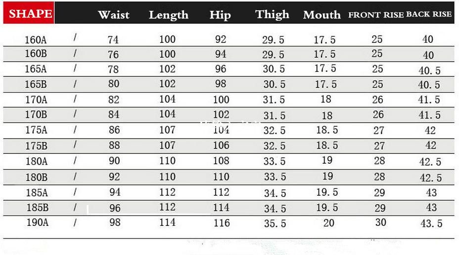 Asian Men S Pants Size Chart