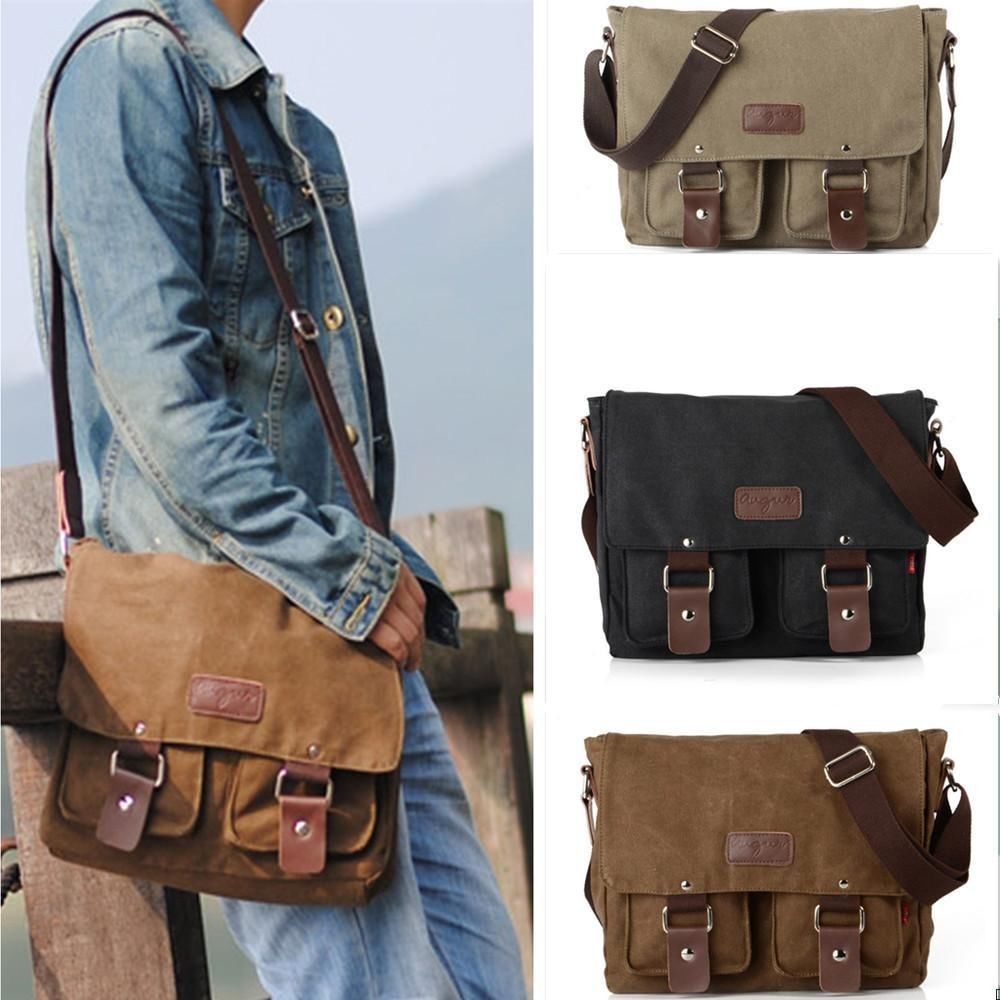 Men/'s Vintage Canvas Leather Satchel School Military Shoulder Bag Messenger Bags