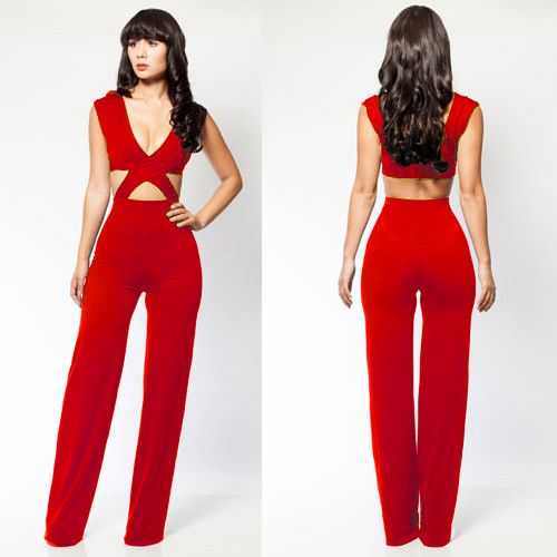 red long pants romper