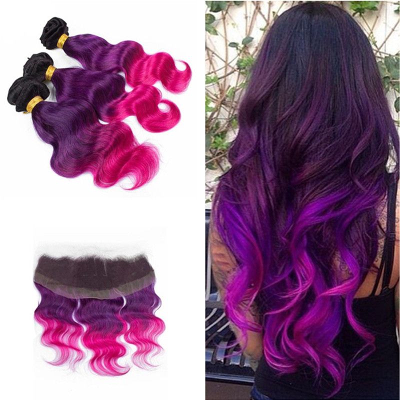 Dark Root Peruvian Virgin Body Wave Hair With Top Lace Frontal 1b Purple Pink Ombre Brazilian Hair 3 Bundles With Frontal Closure Canada 2019 From