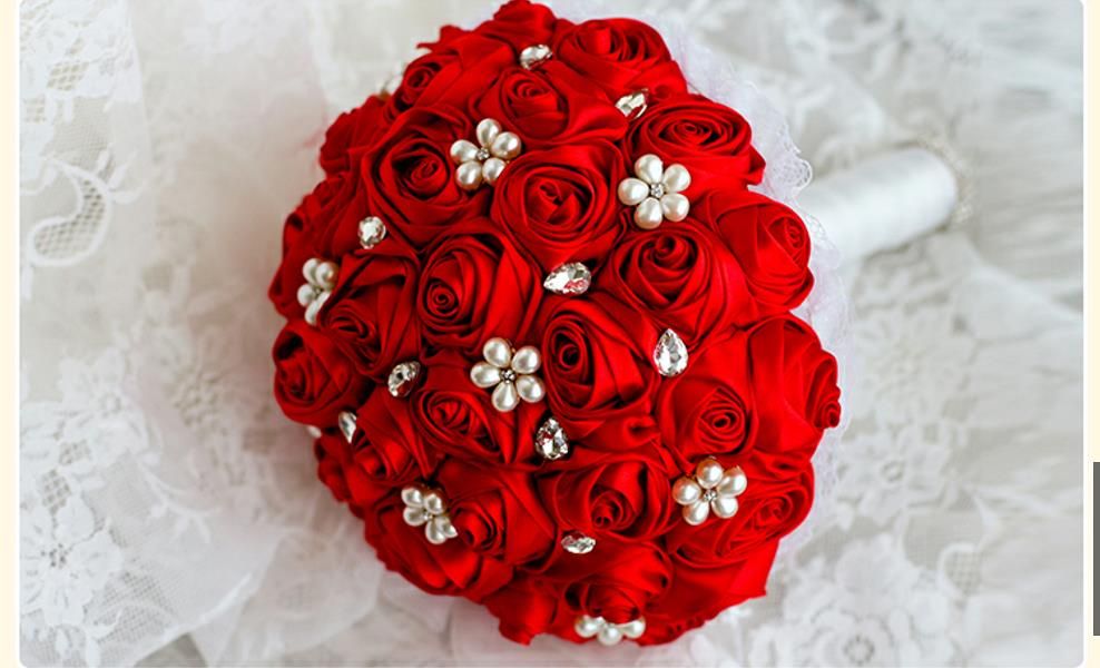 Acheter Jane Vini 2018 Bouquets De Mariée En Cristal Rouge Avec Des Perles Perles Mariée Broche Bouquet De Satin Roses Fleurs De Mariée Romantiques