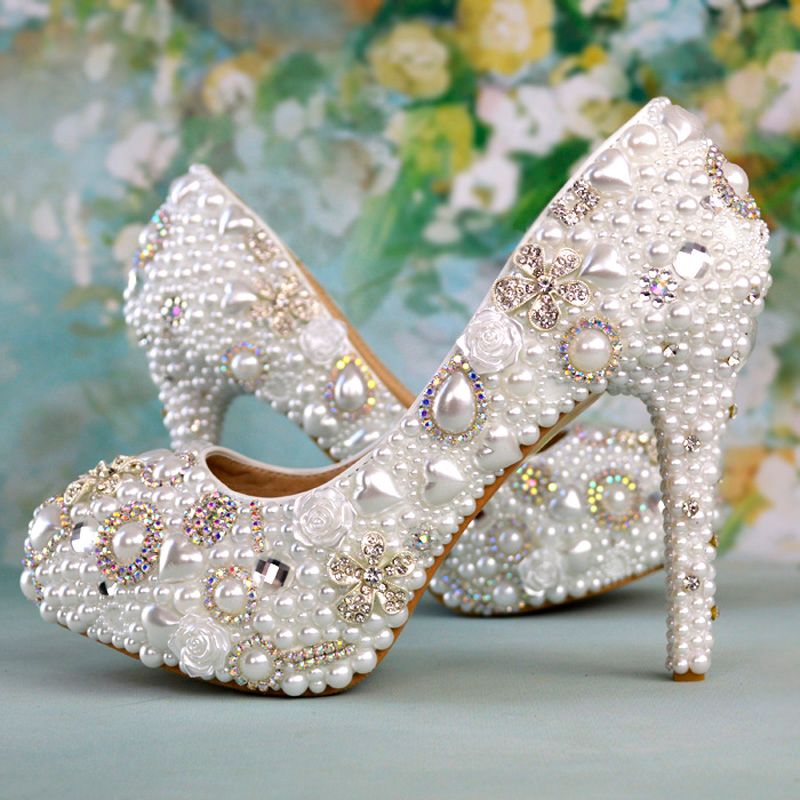 Handmade White Pearl Shoes Rhinestone Lady Wedding Shoes Married