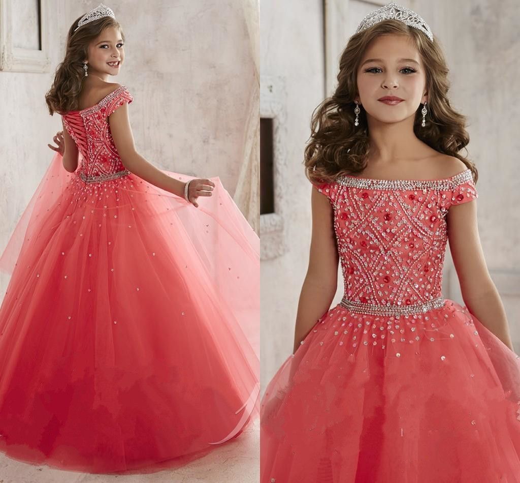 Las niñas pequeñas Vestidos 2016 Nueva Hombro perlas de cristal de Coral de tul vestido