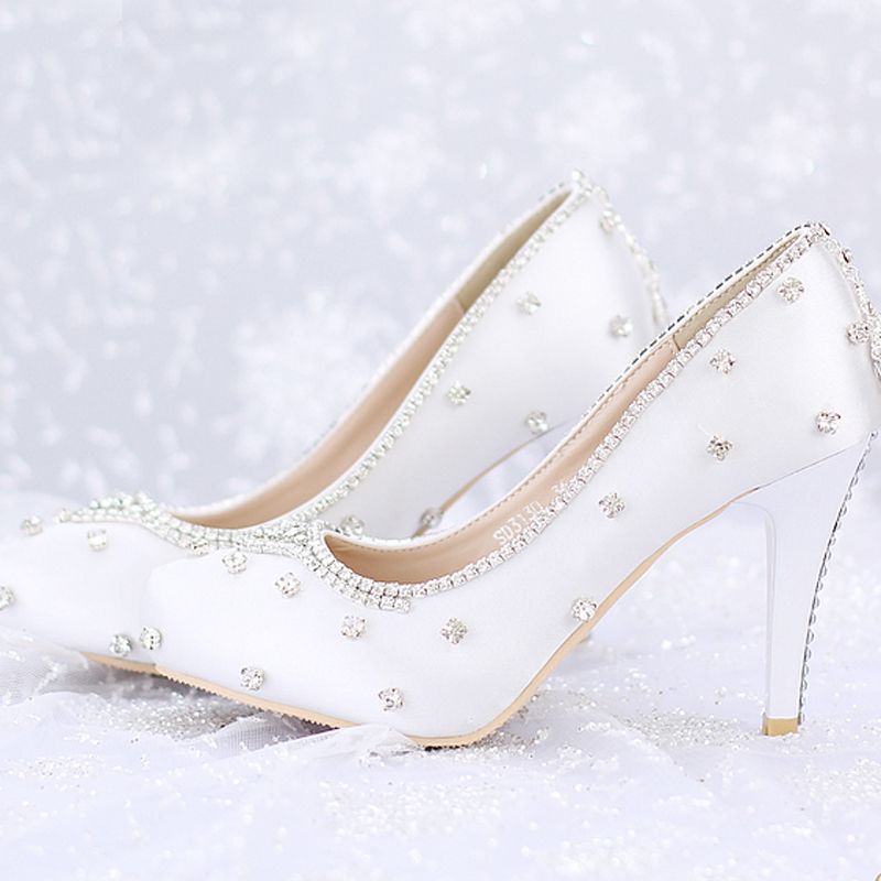 Closed Toe White Satin Wedding Shoes 