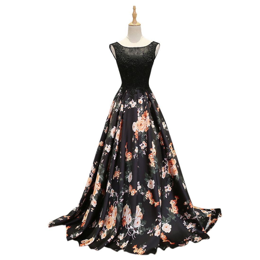 black floral evening dress