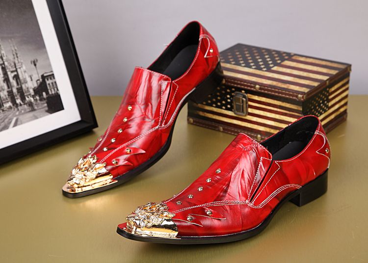 New Arrival Red Metal Pointed Toe Men Shoes Genuine Leather Rivets Man ...