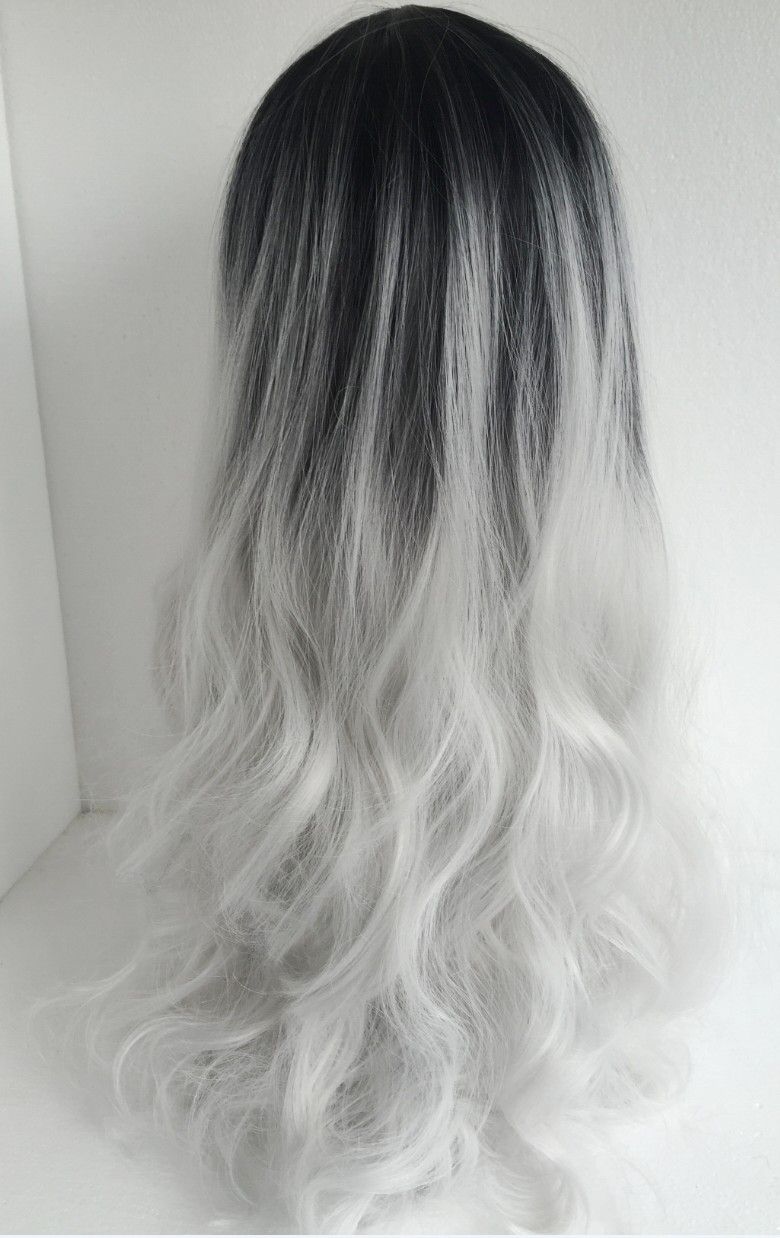 Long Curly Hair Ombre Wigs Two Tone Natural Black Silver White