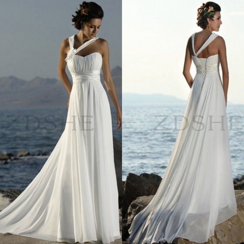 2015 Summer Beach Wedding Dresses Halter Pleated Empire Chiffon Sweep