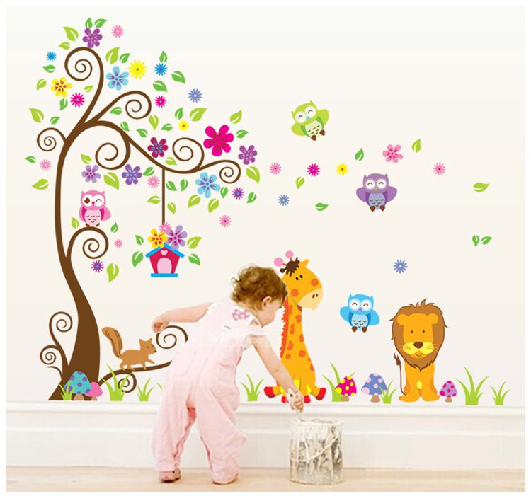 Kids Room Nursery Pvc Wall Art Sticker Owl Lion Giraffe Flower Tree Wall Decal Decor Home Wallpaper Decor Stickers Wall Stickers Children Wall
