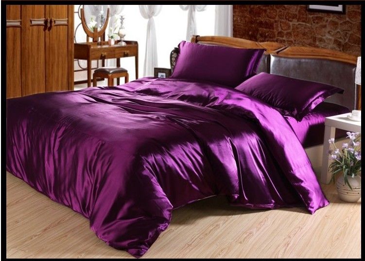 Dark Deep Purple Satin Bedding Set Silk Sheets King Queen Full