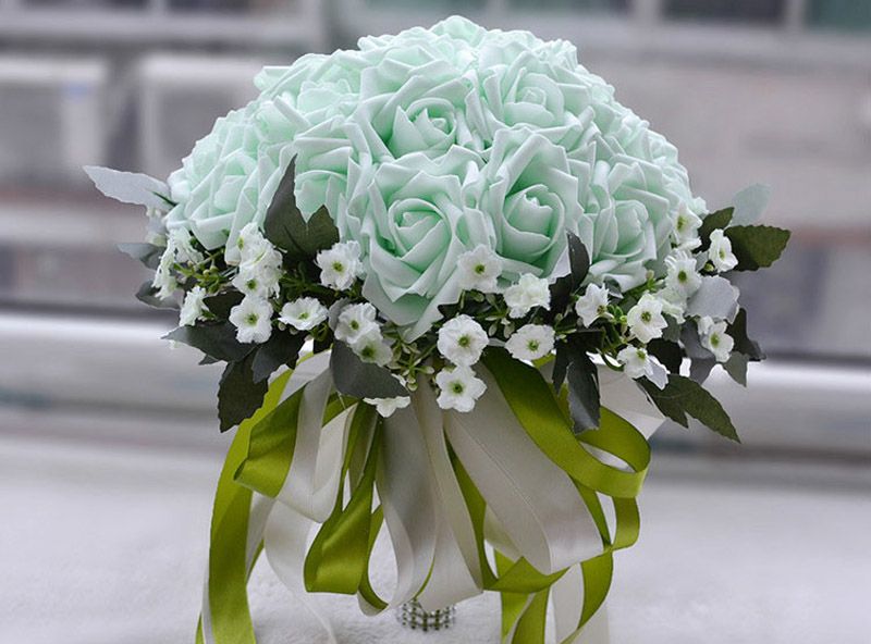 Mint White Cream Cheap Bridal Wedding Bouquets Artificial
