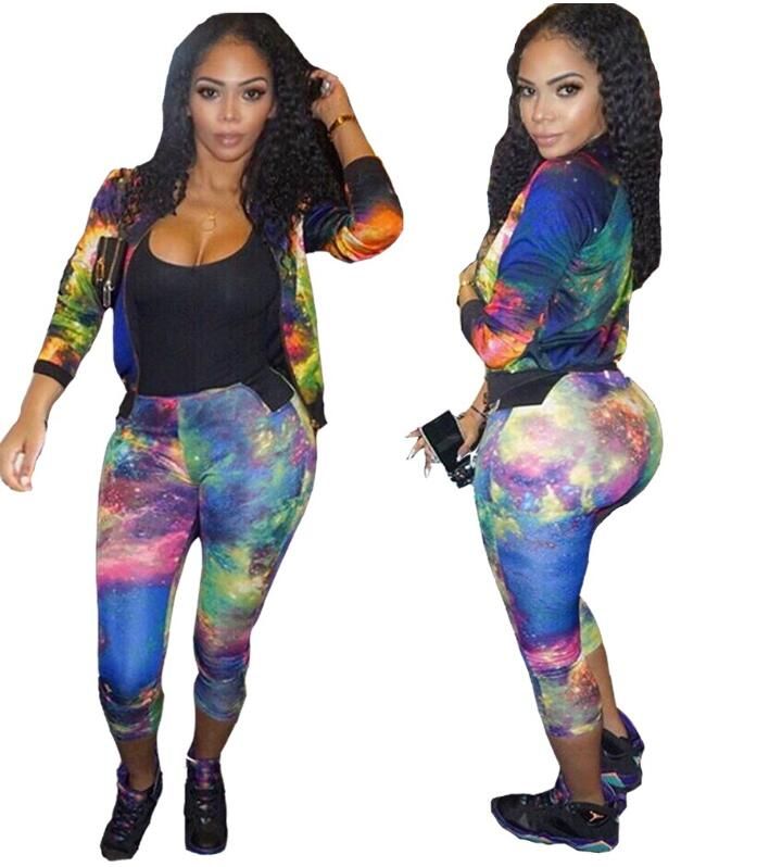 Acheter 2017 Hiver Sport Costume Femmes Veste Pantalon 2 Pièce Ensemble Multicolore Imprimer Survêtements Femme Tenue Sportive Costume Crop Top Zip