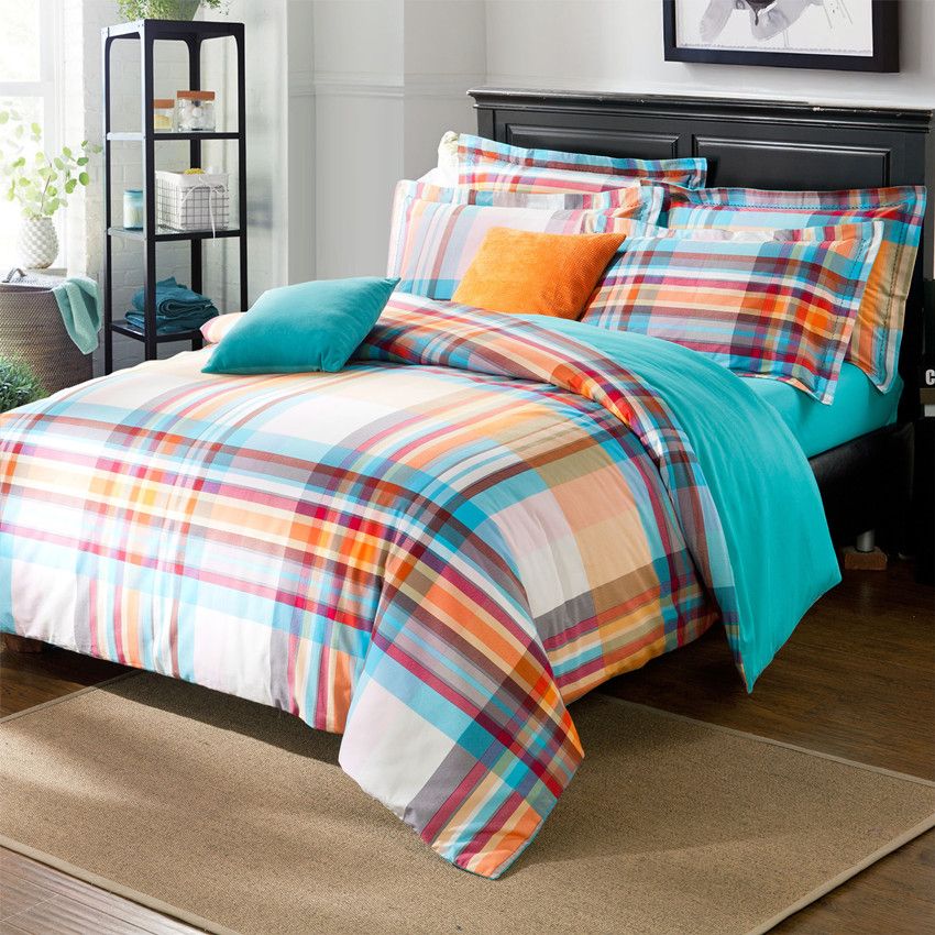 Blue Orange Stripes Grid Pattern Duvet Cover Sanding Cotton Mens