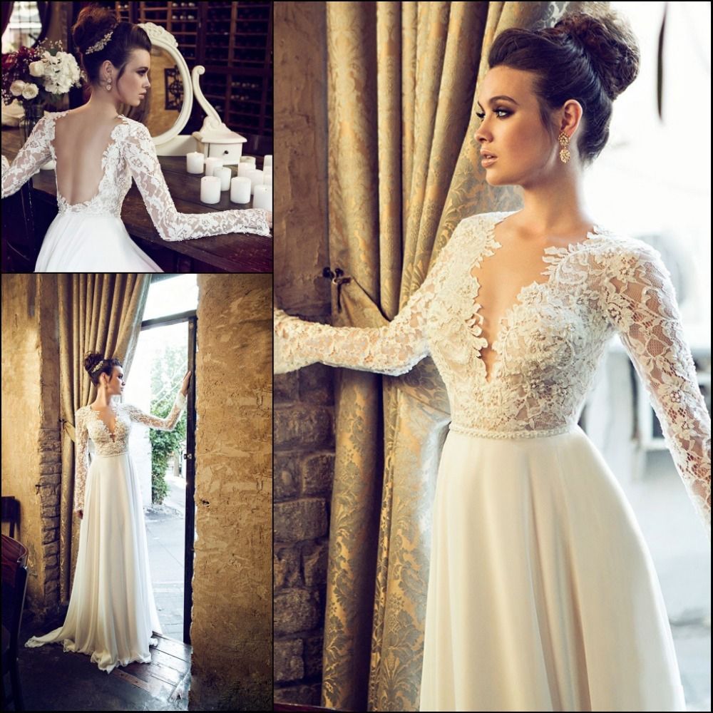 Compre 2019 Chiffon Beach Vestidos De Novia De Manga Larga De Encaje Con  Cuello En V De Cuentas Con Lentejuelas Volantes Tren De Barrido Elegante  Imperio Sin Respaldo Vestidos De Novia A