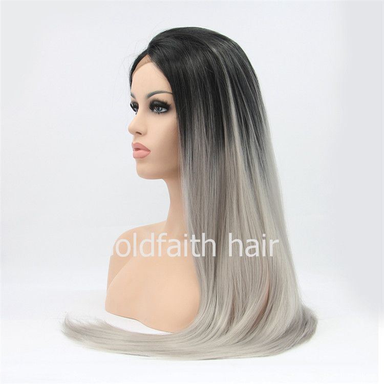 Sf2 Cheap Long Ombre Synthetic Hair Grey Wig Straight Lace Front