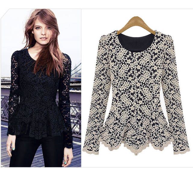 ElegantSexy Mujeres de manga larga de encaje Peplum Jumper blusa Ropa caliente negro Navy Beige