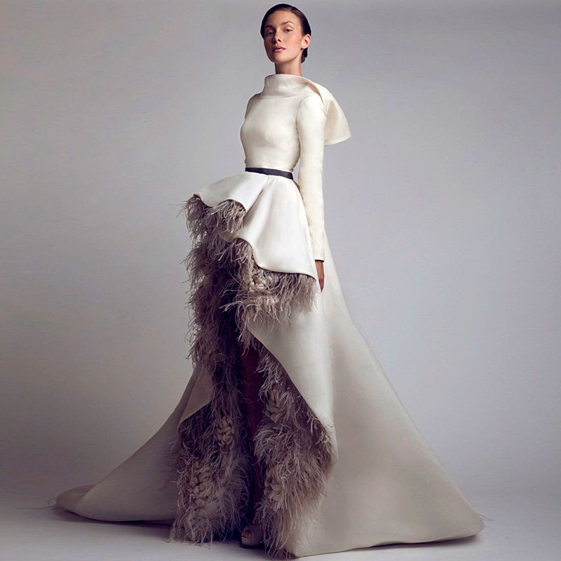 New 2015 Real Women Dresses Backless Short Front Long Back Ostrich Feather Long Evening Dresses
