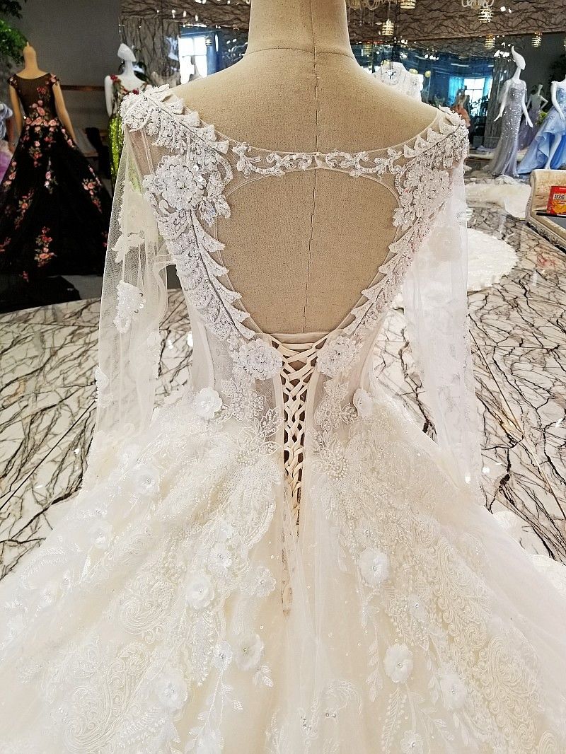 Ls00297 Luxury White Applique Lace 3d Flowers Keyhole Back One
