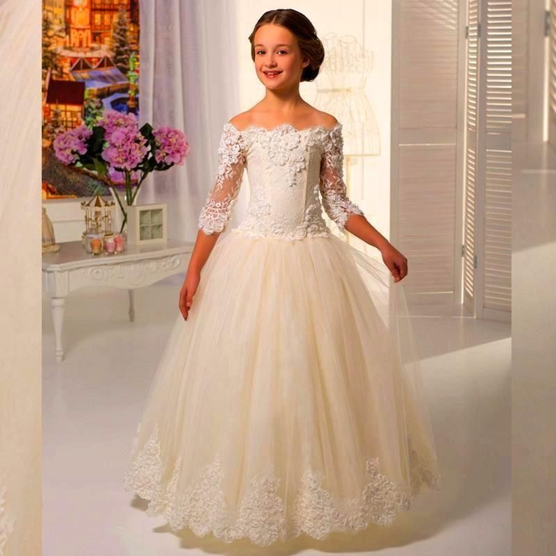 Pretty Lace Flower Girls Dresses A Line Bateau Kids Floor Length Flower Girl Gowns For Wedding Communion Half Sleeves Birthday Girl Dress Handmade
