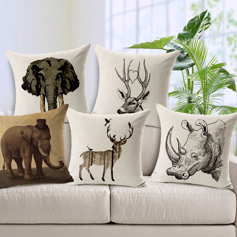 African Animal Sofa Cushion Covers Rhino Deer Elephant Pillow Covers Linen Cotton Decoration For