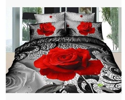 3d Black And Red Rose Cotton Bedding Comforter Set Queen Size