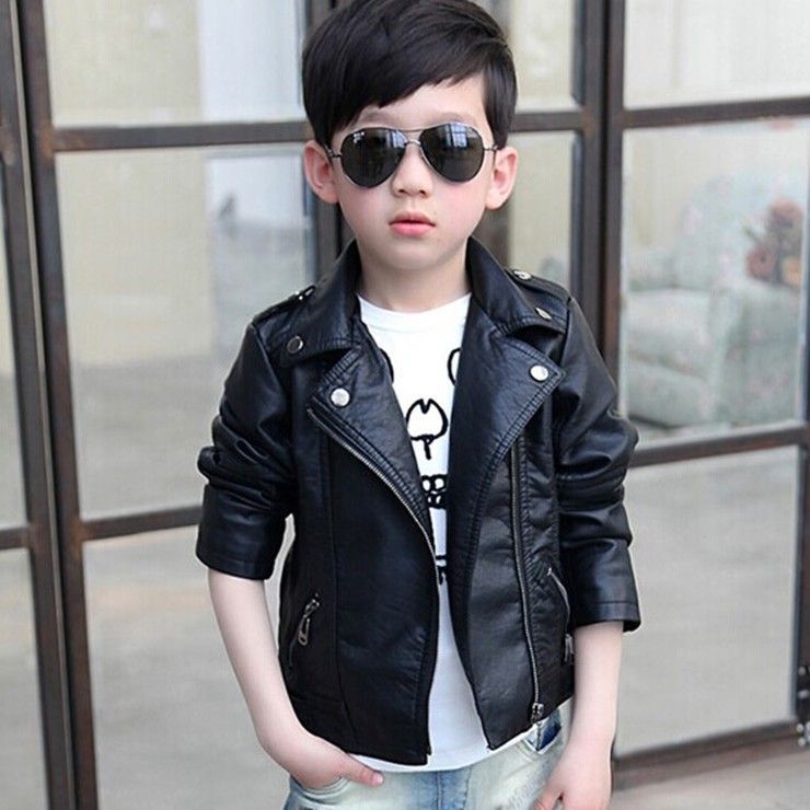 Kids Boys Girls Lapel PU Leather Zip Outwear Jacket Fleece-lined Biker Coat